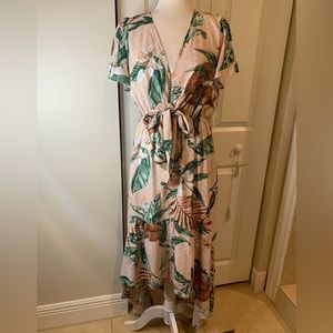 Entro Floral Tropical Cap Sleeve V-Neck Tie Dress Hi-Low Maxi